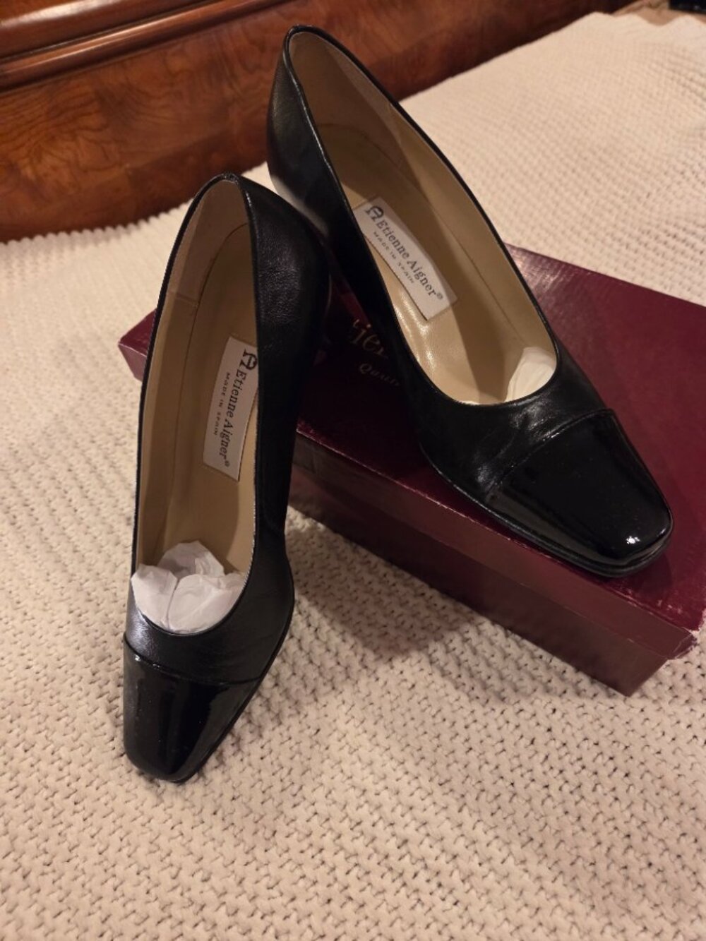 Etienne Aigner Black Leather Pumps with Black Patent Toe Caps 7M